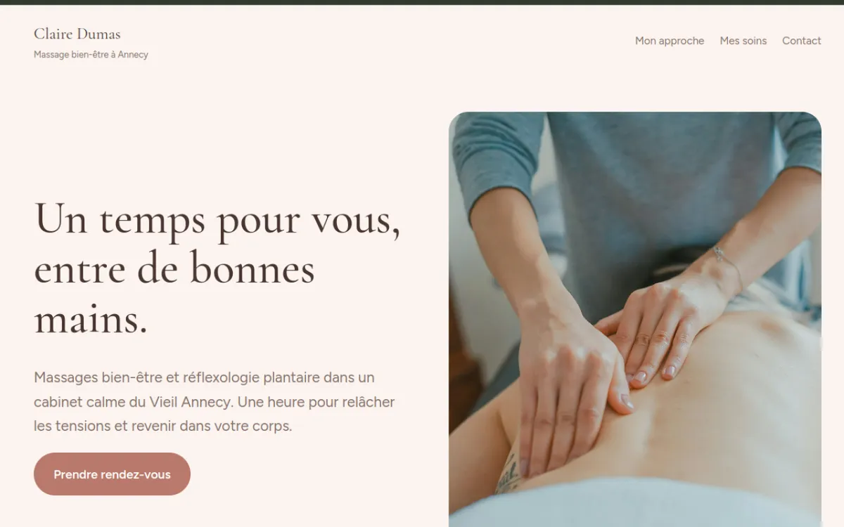Exemple de site de praticienne en massage bien-être : approche, séances, tarifs et contact